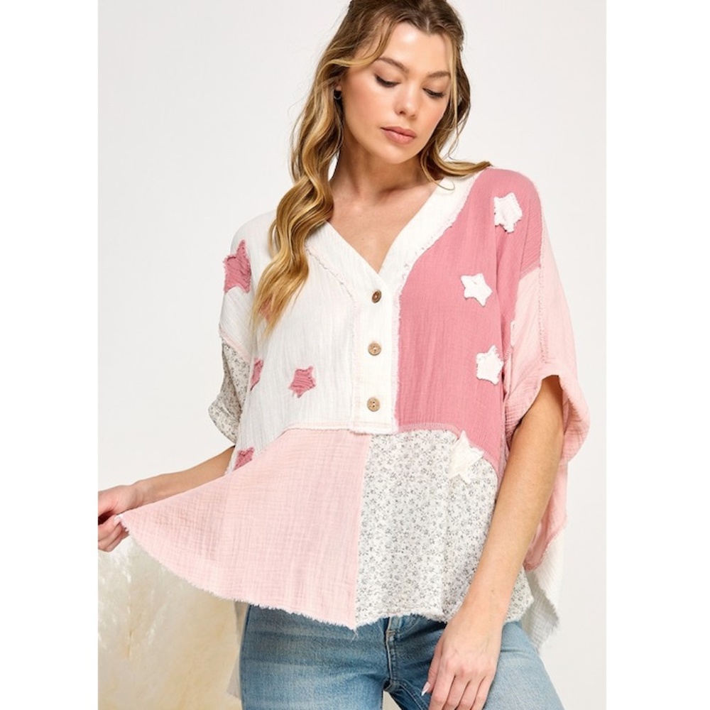 Boho Patchwork Star V-Neck Top - Pink & White